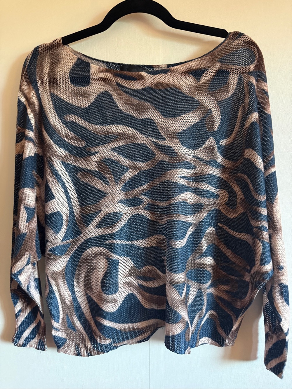 Abstract Animal Print Open Knit Sweater Top Dolman Sleeve Size S Made in Italy